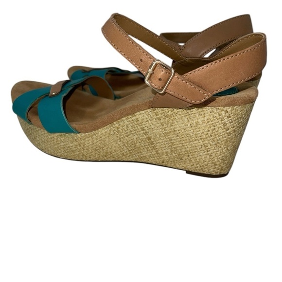 Clarks Artisan Women's Shoes Size 8.5M Turquoise/Brown Leather Wedge Platform - Picture 4 of 13
